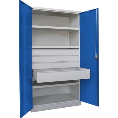 Pavoy Schwerlastschrank, 3 Fachböden a 120 kg, 4 Schubladen, Ral 7035/5010