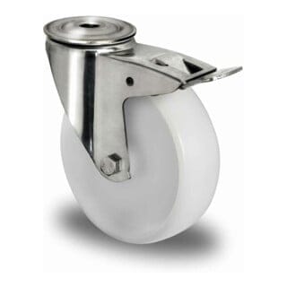 CASCOO Rückenlochlenkrolle mit Totalfeststeller ø 125 mm Serie N0N0 Gleitlager Edelstahl