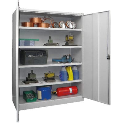 Pavoy Schwerlastschrank 1950x1470x630, Trennwand, 8 Fachböden a 120 kg, RAL 7035