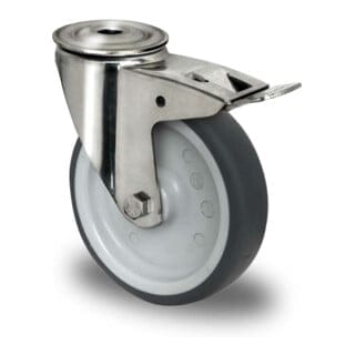 CASCOO Rückenlochlenkrolle mit Totalfeststeller ø 125 mm Serie P2W2 Gleitlager Edelstahl