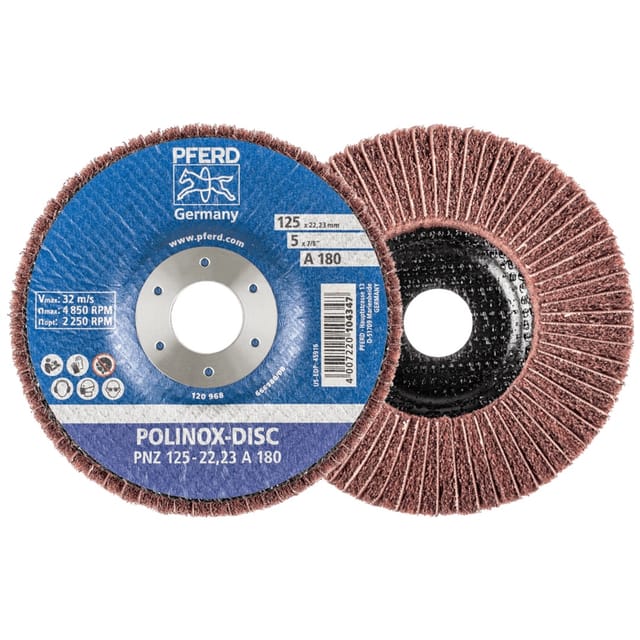 PFERD TOOLS POLINOX Vlies-Schleifdisc PNZ Ø 125 mm Bohrung-Ø 22,23 mm A180 für Feinschliff und Finish
