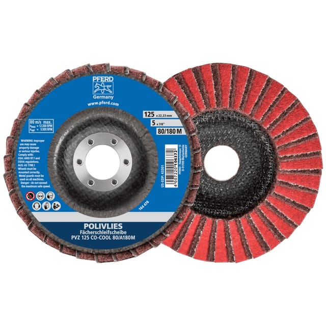PFERD TOOLS POLIVLIES-Fächerscheibe PVZ Keramik Ø 115 mm Bohrung 22,23 mm CO-COOL120/A240F für Feinschliff