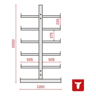 STIER Kragarmregal doppelseitig 1 Feld mit 5 Ebenen 1300x2000x500mm feuerrot