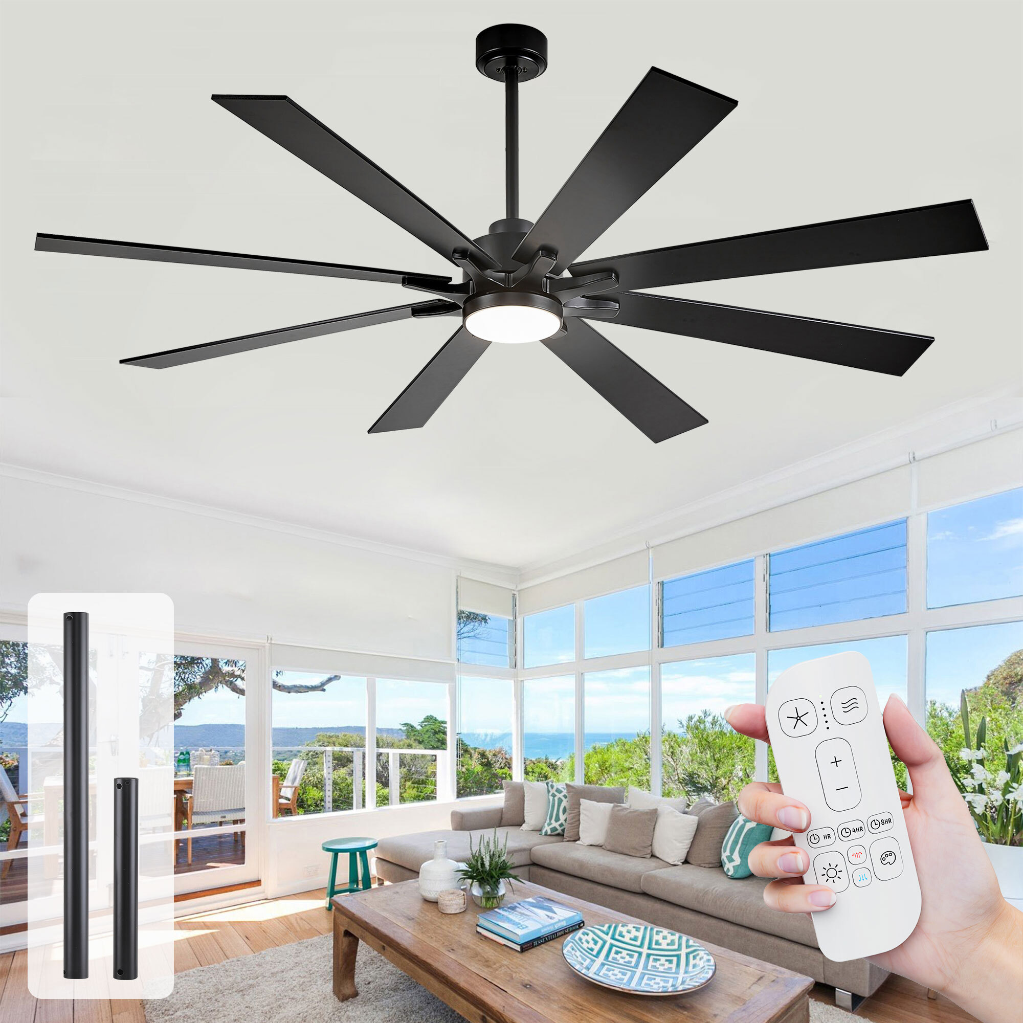 Mshenued Deckenventilator Mit Licht Und Fernbedienung, Industrie Leiser Gleichstrommotor, 5 Einstellbare Farbtemperaturen, 8 Umkehrbare Schwarze Flügel, Für Wohnzimmer Garage – 182cm