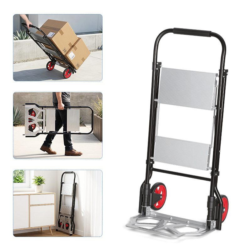 Wolketon Treppensackkarre 2 In 1 Mit 2-stufiger Klappleiter, Faltbare Sackkarre Mit Rollen, 80 Kg Wagenlast, 150 Kg Leiterlast