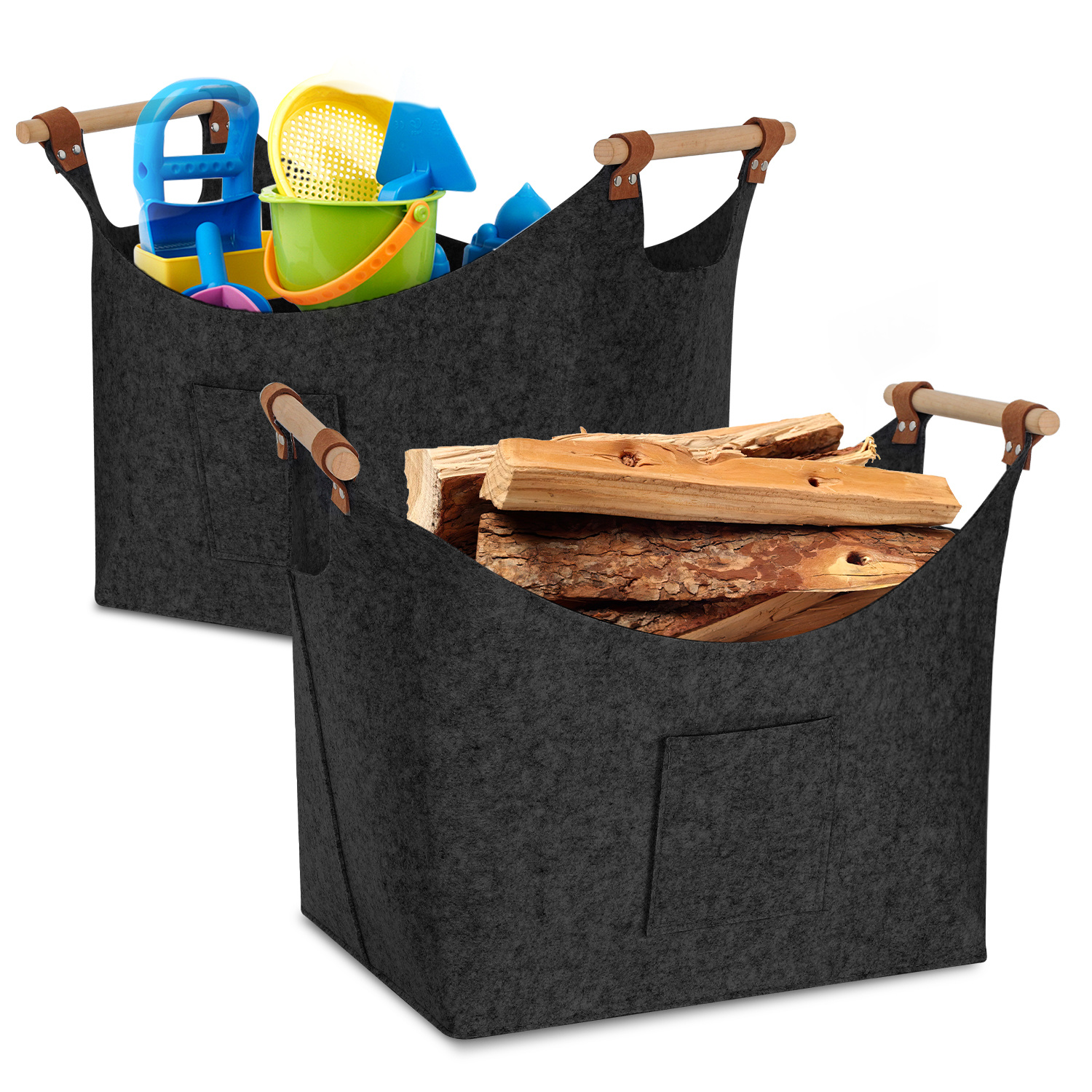 Wolketon 2er-set Filzkorb Mit Holzgriffen Für Kaminholz, Faltbar, Ca. 57 L, 45 X 40 X 32 Cm, 5 Mm, Dunkelgrau