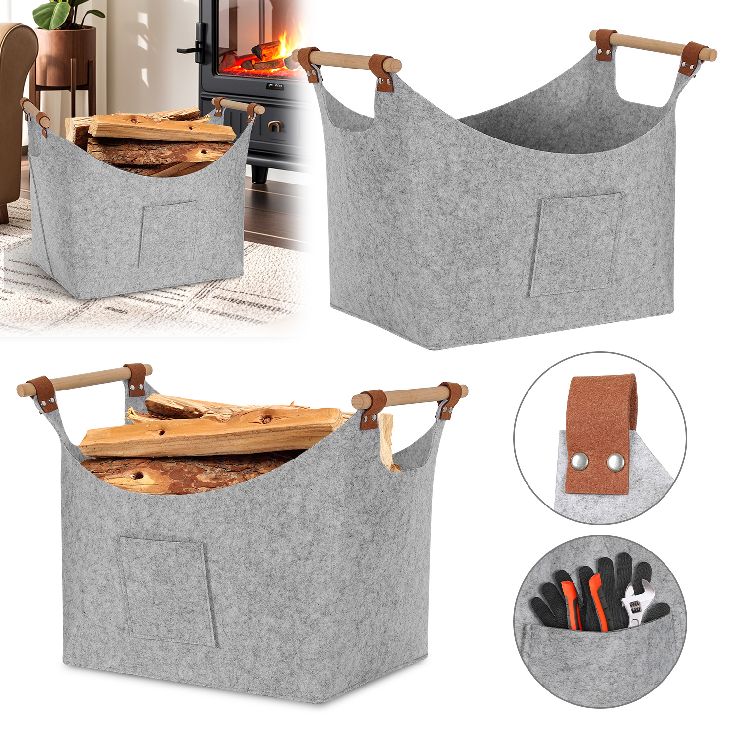 Wolketon 2er-set Filzkorb Mit Holzgriffen Für Kaminholz, Faltbar, Ca. 57 L, 45 X 40 X 32 Cm, 3 Mm, Hellgrau