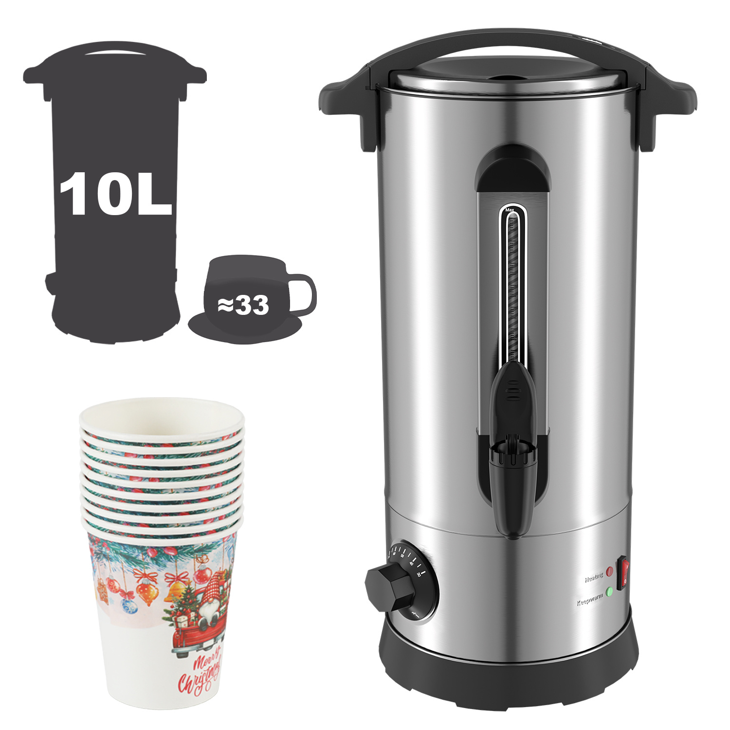 Wolketon Glühweinkocher 10 L Edelstahl Silber, 1500 W, 30–110 °c, Zapfhahn Und 10 Pappbecher