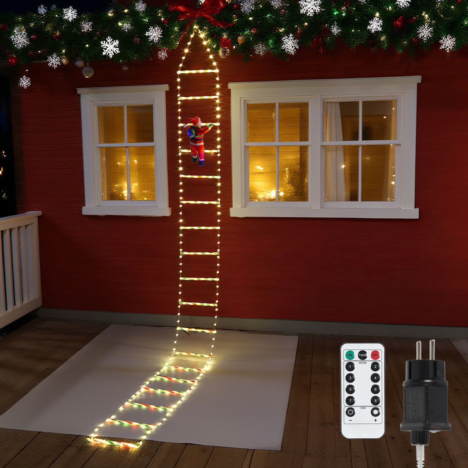Wolketon Led Weihnachtsmann Leiter 3 M, 338 Leds, 8 Lichtmodi, Fernbedienung, Timer, Warmweiß