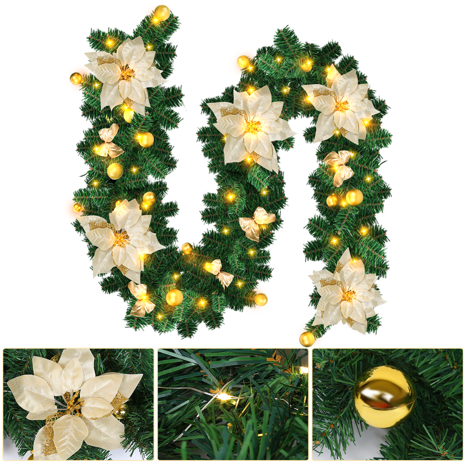 Wolketon Led Weihnachtsgirlande 2,7 M, 50 Led Warmweiß, Batteriebox, Goldene Weihnachtsdeko