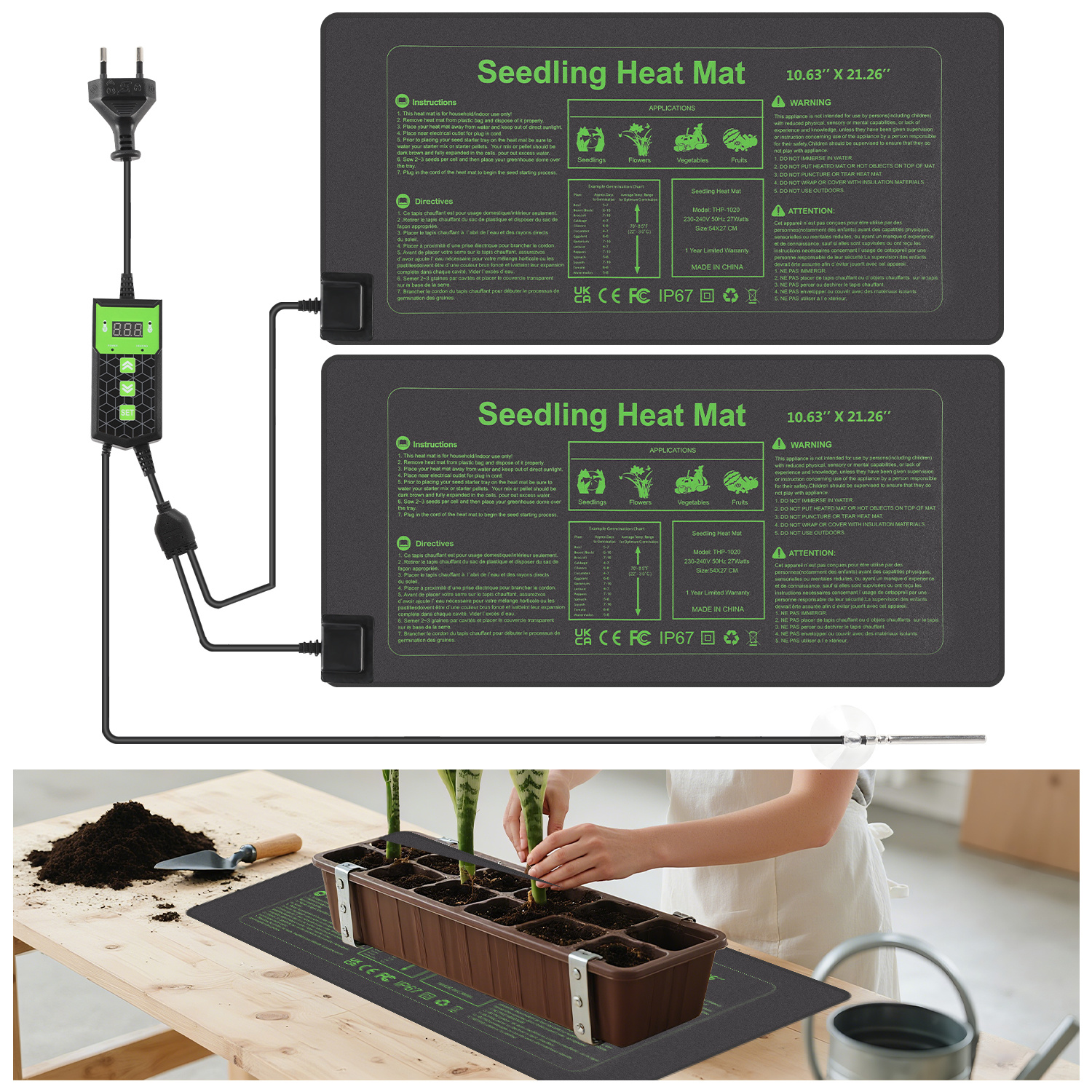 Wolketon 2× Anzuchtmatte 55×27 Cm Mit Thermostat Und Temperaturfühler, 55w, Ip67