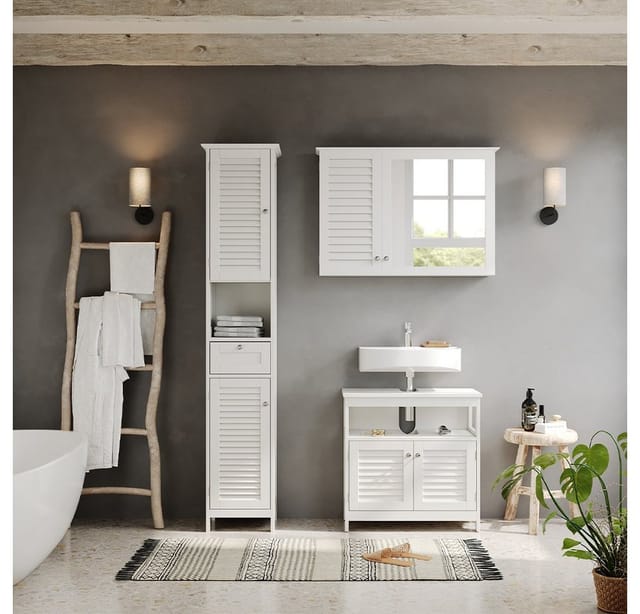 Vicco Badschrank Riad Weiß 32 x 170 cm mit Türen Schublade und offenem Fach