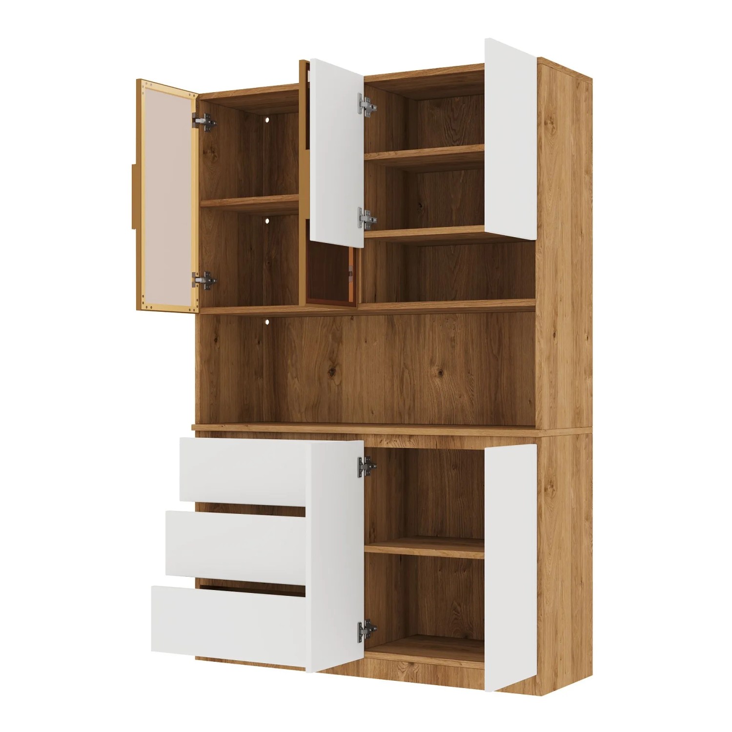 okwish Küchenschrank mit 3 Schubladen 6 Türen LED Beleuchtung 120.5x40x180cm Weiß