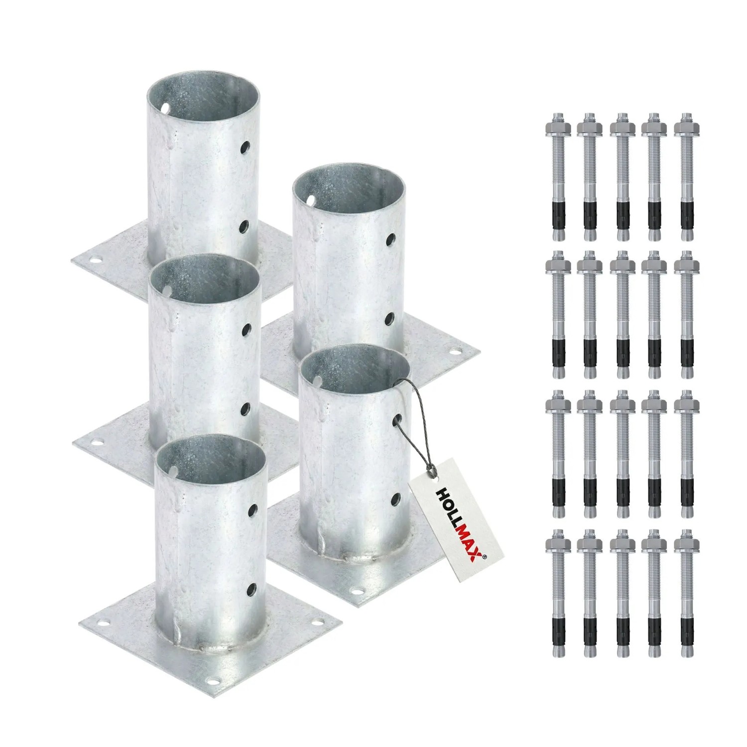 HOLLMAX 5 Stk. Aufschraubhülse/Pfostenträger 80 mm inkl. Schwerlastanker 10 x 100 mm Verzinkt Silber für Rundholzpfosten