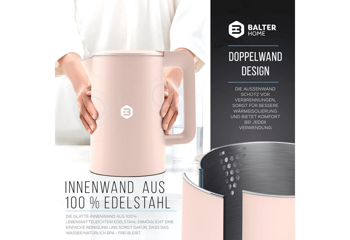 Balter Wasserkocher WK-4 Edelstahl Doppelwand Design BPA Frei Pink Bild 5