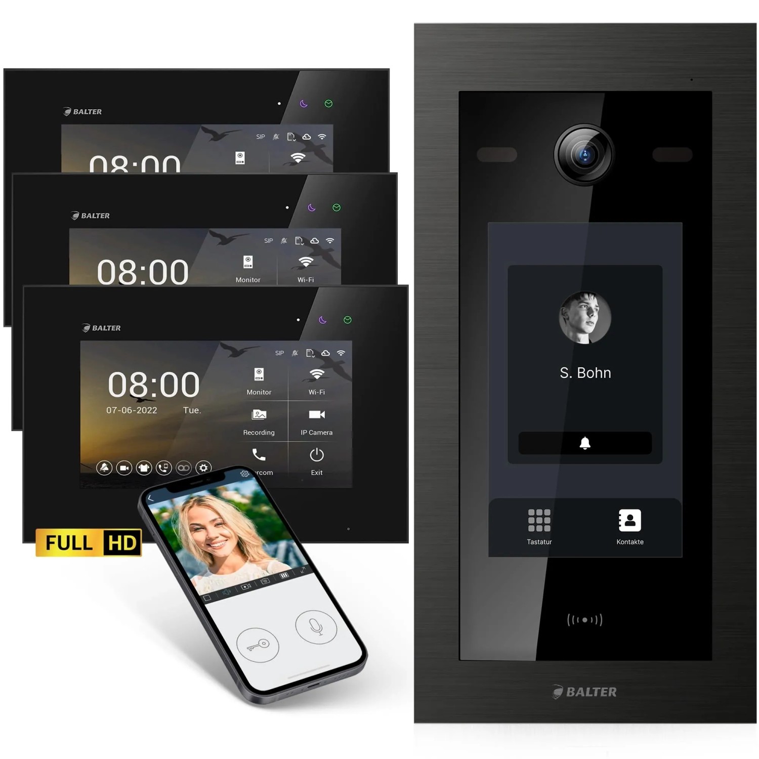 Balter EVO HD Touch Video-Türsprechanlage mit Touchscreen und RFID für Dreifamilienhaus mit 3x 7 Zoll Monitor Schwarz