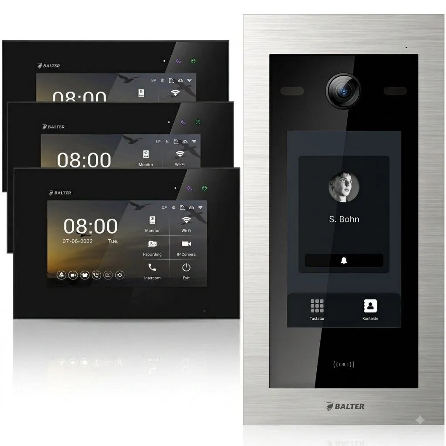 Balter EVO HD Touch Video Türsprechanlage Touchscreen RFID Einfamilienhaus 3x 7 Zoll Monitor Silber Schwarz