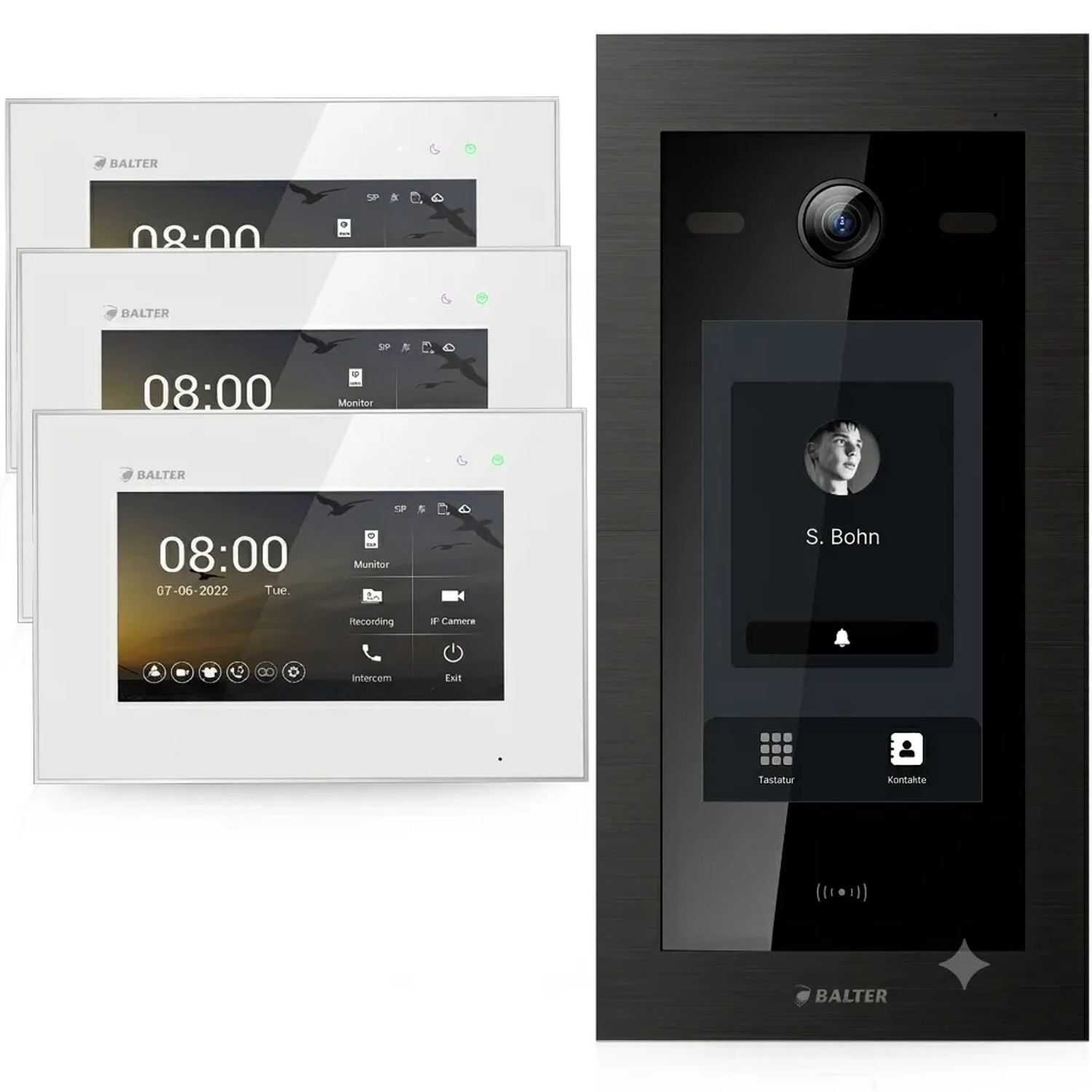 Balter EVO HD Touch Video Türsprechanlage Touchscreen RFID Einfamilienhaus 3x 7 Zoll Monitor Weiß Schwarz