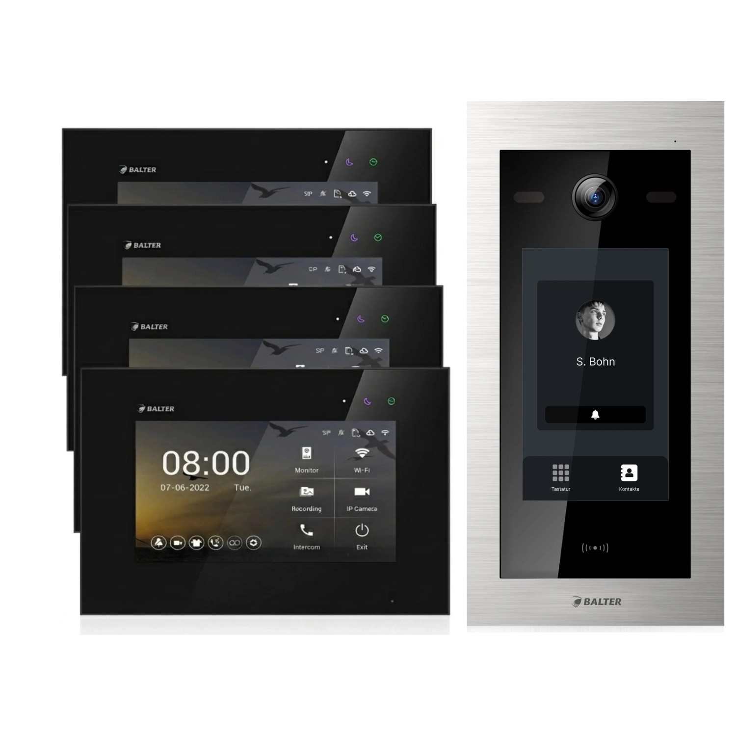 Balter EVO HD Touch Video Türsprechanlage Touchscreen RFID Einfamilienhaus 4x 7 Zoll Monitor Silber Schwarz