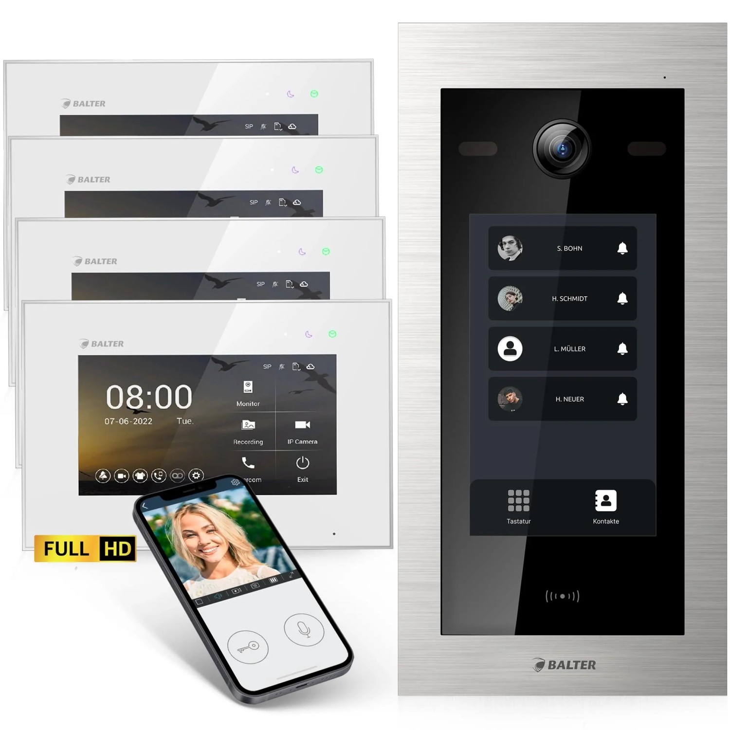Balter EVO HD Touch Video-Türsprechanlage mit Touchscreen und RFID für Vierfamilienhaus mit 4x 7 Zoll Monitor Silber-Weiß
