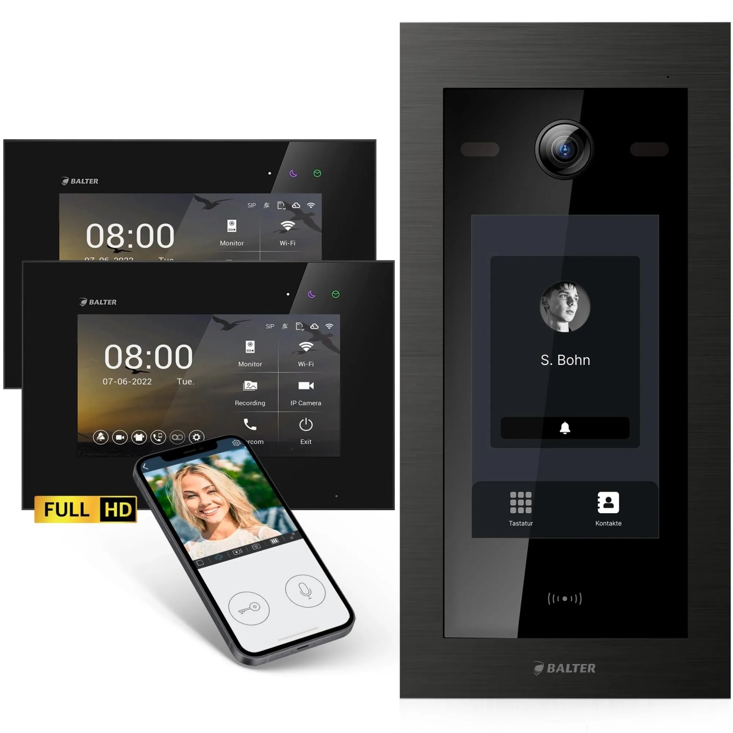 Balter EVO HD Touch Video-Türsprechanlage mit Touchscreen und RFID für Zweifamilienhaus mit 2x 7 Zoll Monitor Schwarz