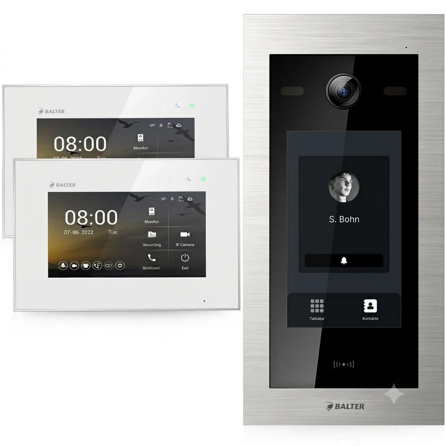 Balter EVO HD Touch Video Türsprechanlage Touchscreen RFID Einfamilienhaus 2x 7 Zoll Monitor Silber Weiß