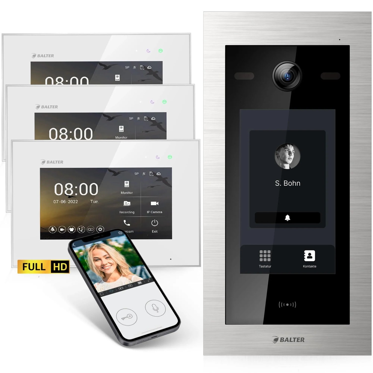 Balter EVO HD Touch Video-Türsprechanlage mit Touchscreen und RFID für Dreifamilienhaus mit 3x 7 Zoll Monitor Silber-Weiß