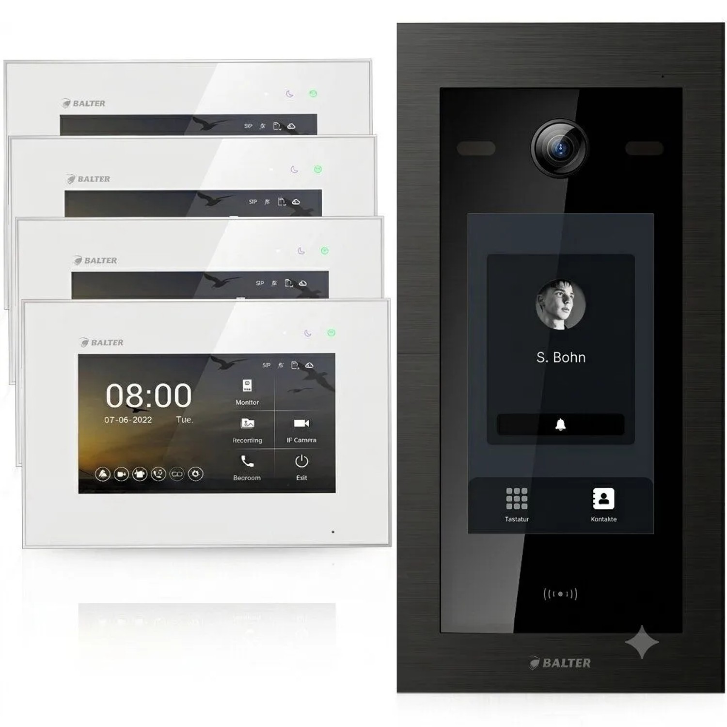 Balter EVO HD Touch Video Türsprechanlage Touchscreen RFID Einfamilienhaus 4x 7 Zoll Monitor Weiß Schwarz