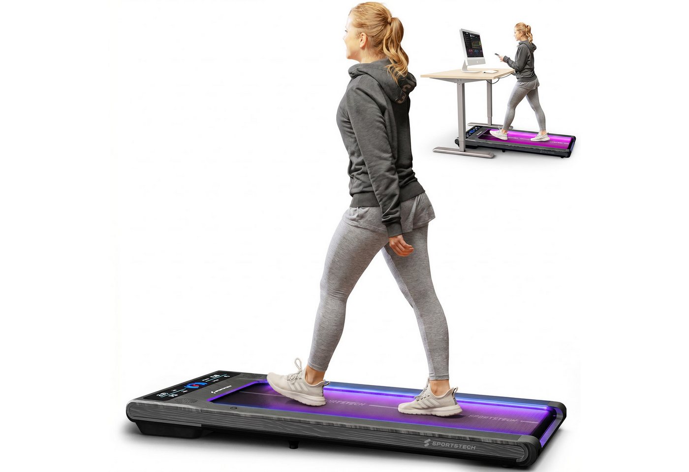 SPORTSTECH 13371 - Walking-Pad, sWalk graue Holzoptik - 2-in-1: Walk bis 6 & Run bi