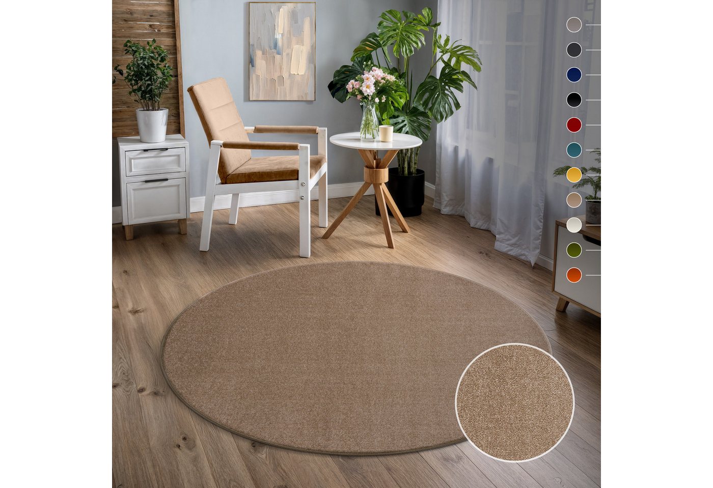 Sanat Teppich UNI, auch als Läufer und Rund, rund, Höhe: 13 mm, robuster Kurzflorteppich, große Farbauswahl, Wohnzimmer, alle Räume Bild 3