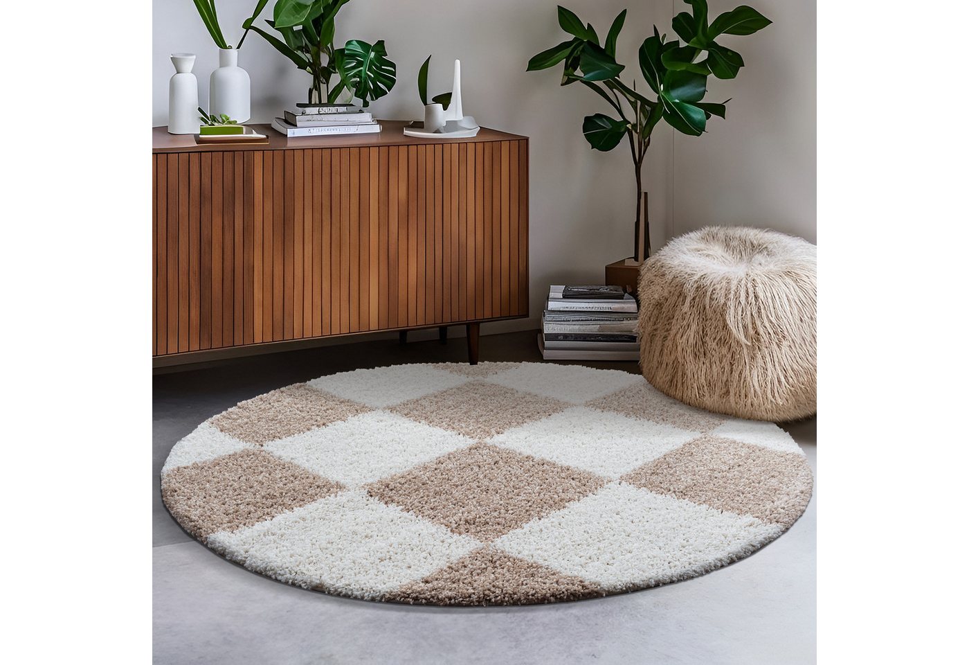 Sanat Hochflor-Teppich Milano 1250, auch als Läufer und in Rund, rund, Höhe: 30 mm, Hochflor, Shaggy, Karo, Wohnzimmer, Schlafzimmer