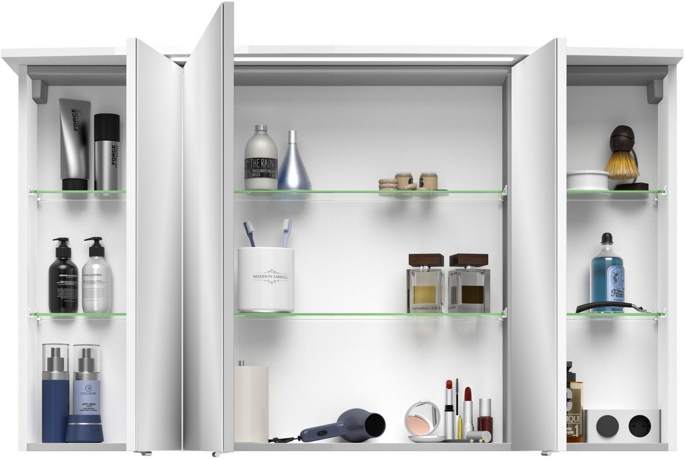 Saphir Badezimmerspiegelschrank Serie 4010 Badezimmer-Spiegelschrank inkl. LED-Beleuchtung im Kranz Badschrank 122 cm breit, 3 Türen, 6 Glas-Einlegeböden, inkl Türdämpfer