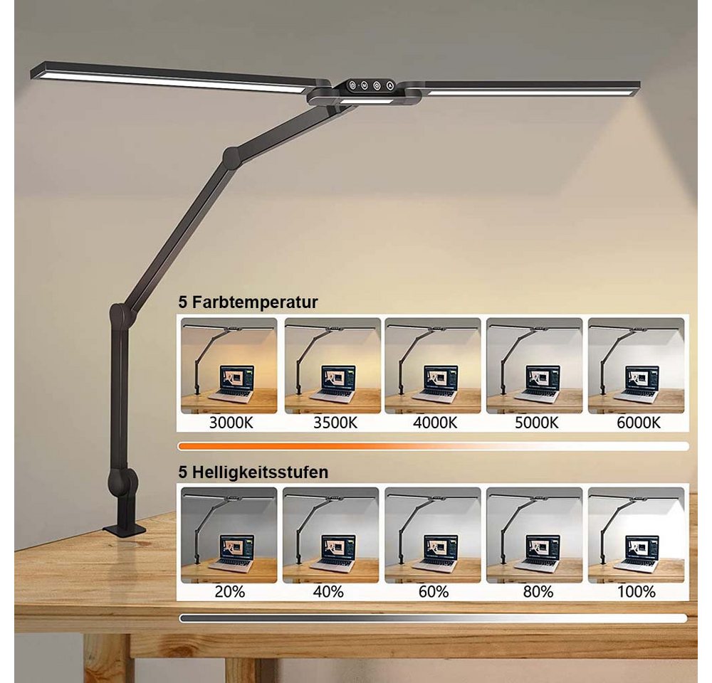 LMaxhome Schreibtischlampe LED Schreibtisch Klemmbar Doppelkopf 24W Auto Dimmbar Touch-Steuerung, 180° horizontale Einstellung, LED fest integriert, 5 Farbtemperatur und 5 Helligkeitsstufen, 1500 lm, 95CM Groß Leselampe Schreibtisch Klemmleuchte für Büro Office