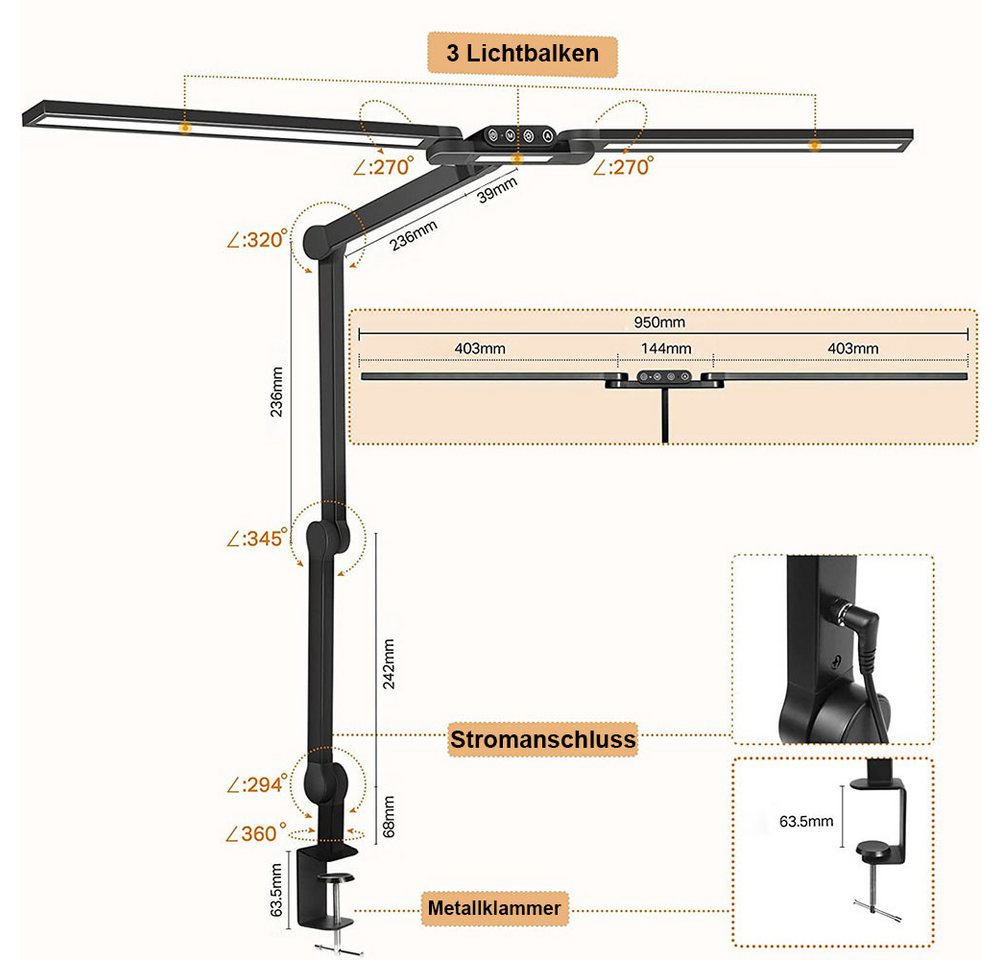 LMaxhome Schreibtischlampe LED Schreibtisch Klemmbar Doppelkopf 24W Auto Dimmbar Touch-Steuerung, 180° horizontale Einstellung, LED fest integriert, 5 Farbtemperatur und 5 Helligkeitsstufen, 1500 lm, 95CM Groß Leselampe Schreibtisch Klemmleuchte für Büro Office Bild 2