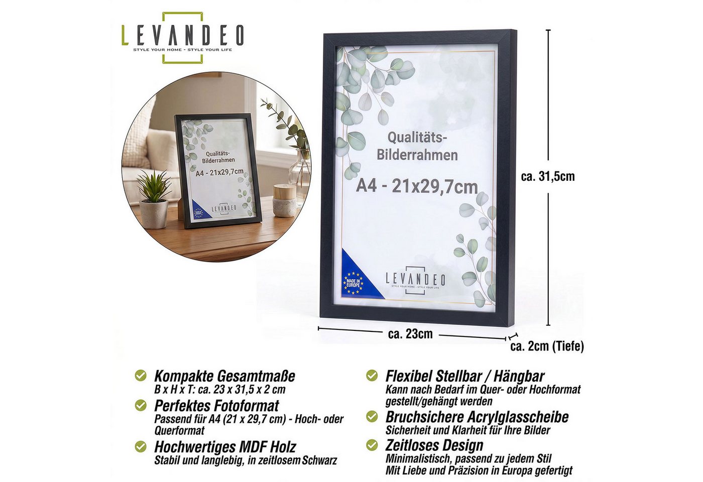Levandeo® Bilderrahmen, Bilderrahmen A4 Schwarz 21x29,7 Made in EU Fotorahmen Poster Urkunde