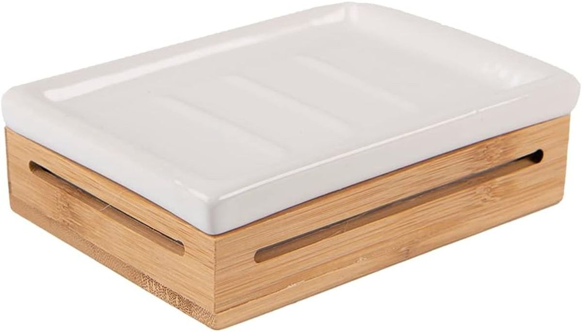 Clayre & Eef Badaccessoire-Set Seifenspender Schale Seifenablage Becher WC Bürste Bambus Keramik, Keramik und Bambus