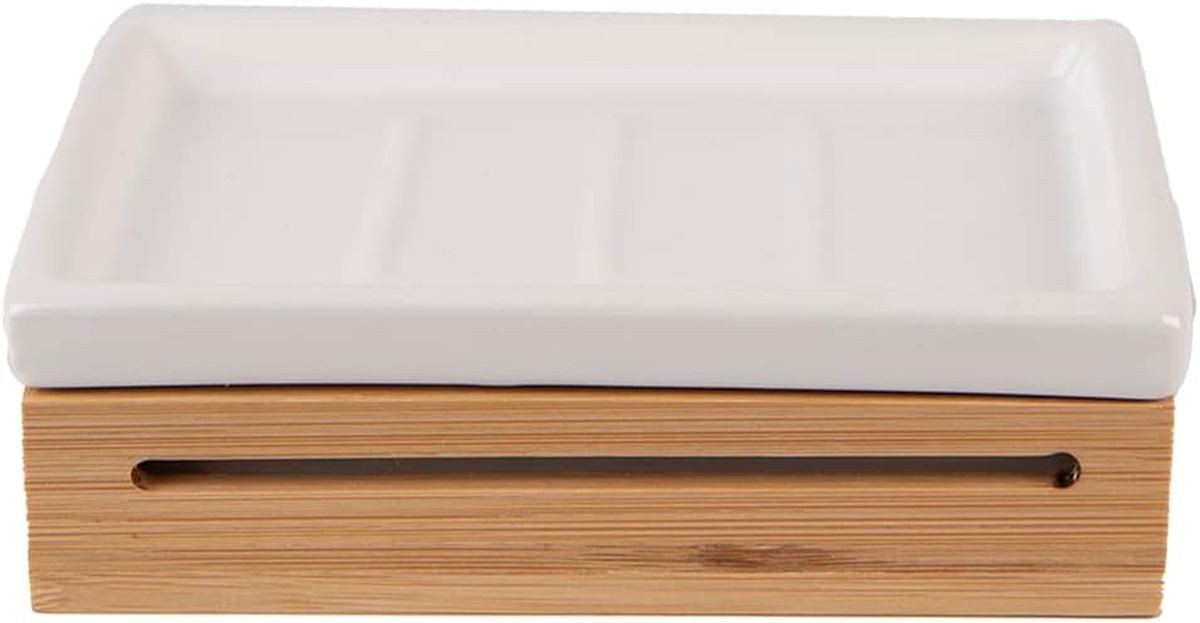 Clayre & Eef Badaccessoire-Set Seifenspender Schale Seifenablage Becher WC Bürste Bambus Keramik, Keramik und Bambus Bild 2