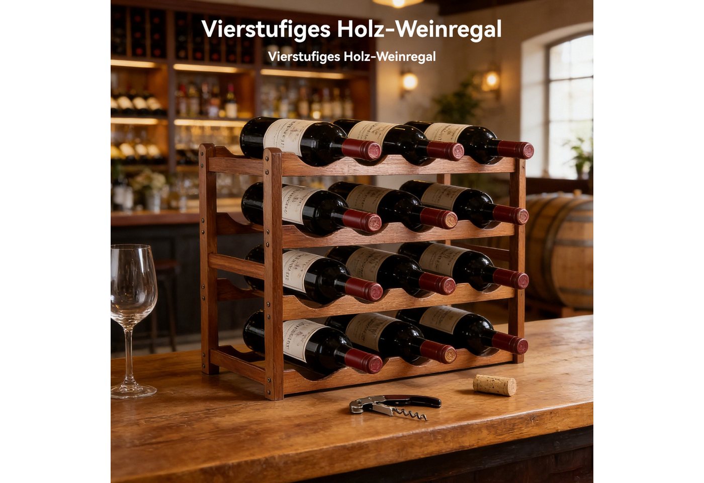 BlingBin Weinregal für 16 Flaschen Stapelbar Flaschenregal Flaschenhalter, 1er Set 1-tlg., 4-stöckiges Ablageregal im Retro-Landhausstil Bild 3