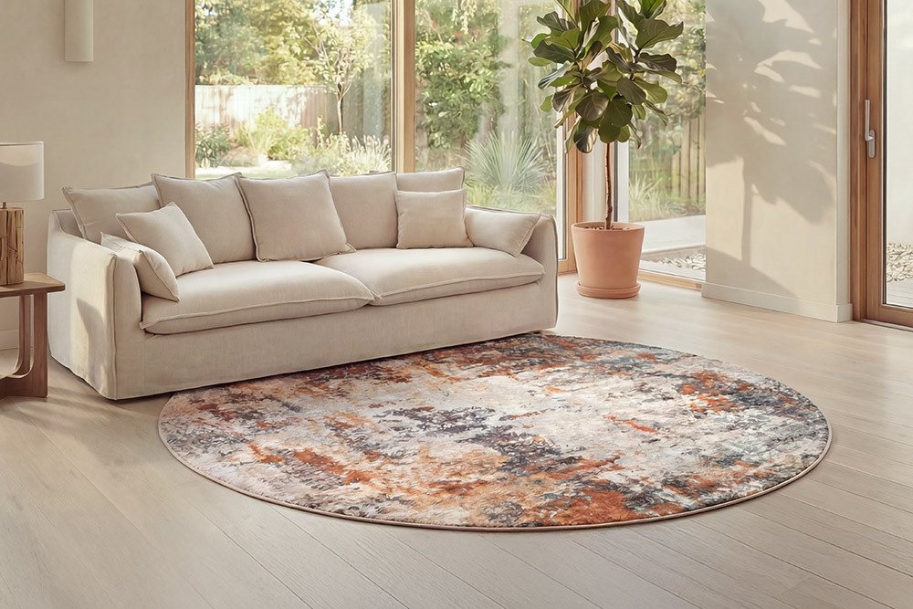 riess-ambiente Designteppich MODERN ART 150cm beige/grau/kupfer - Polyester, Kurzflor, Indoor, rund, rund, Höhe: 0.7 mm, Matte mit kunstvollem Muster - ideal für minimalistische Einrichtung