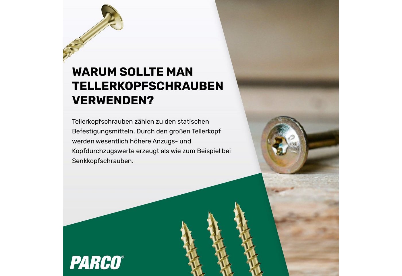 PARCO Holzbauschraube Tellerkopfschrauben Gelb-verzinkt 8x100mm & weitere -German Quality, (50 St., ETA-Zulassung), Holzbauschrauben, CUT-Spitze erleichtert das Einschrauben