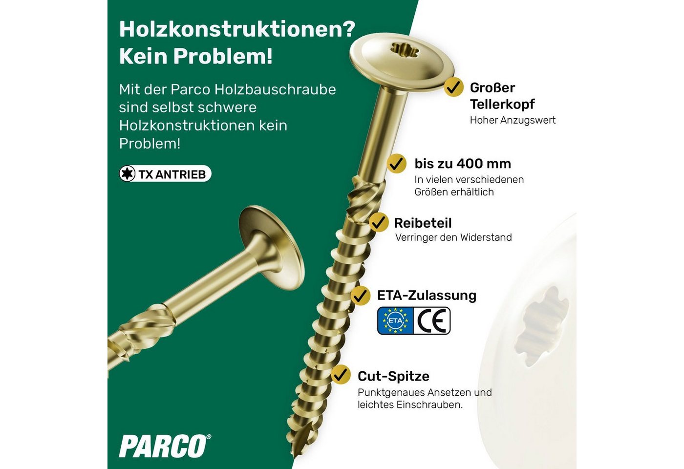 PARCO Holzbauschraube Tellerkopfschrauben Gelb-verzinkt 8x100mm & weitere -German Quality, (50 St., ETA-Zulassung), Holzbauschrauben, CUT-Spitze erleichtert das Einschrauben Bild 2