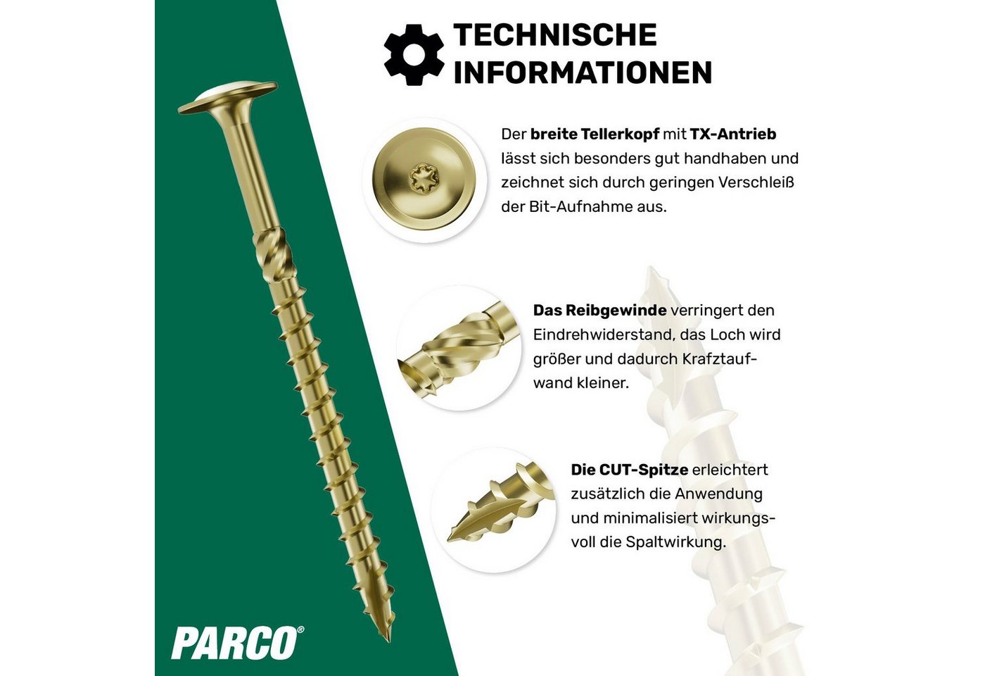 PARCO Holzbauschraube Tellerkopfschrauben Gelb-verzinkt 8x100mm & weitere -German Quality, (50 St., ETA-Zulassung), Holzbauschrauben, CUT-Spitze erleichtert das Einschrauben Bild 4