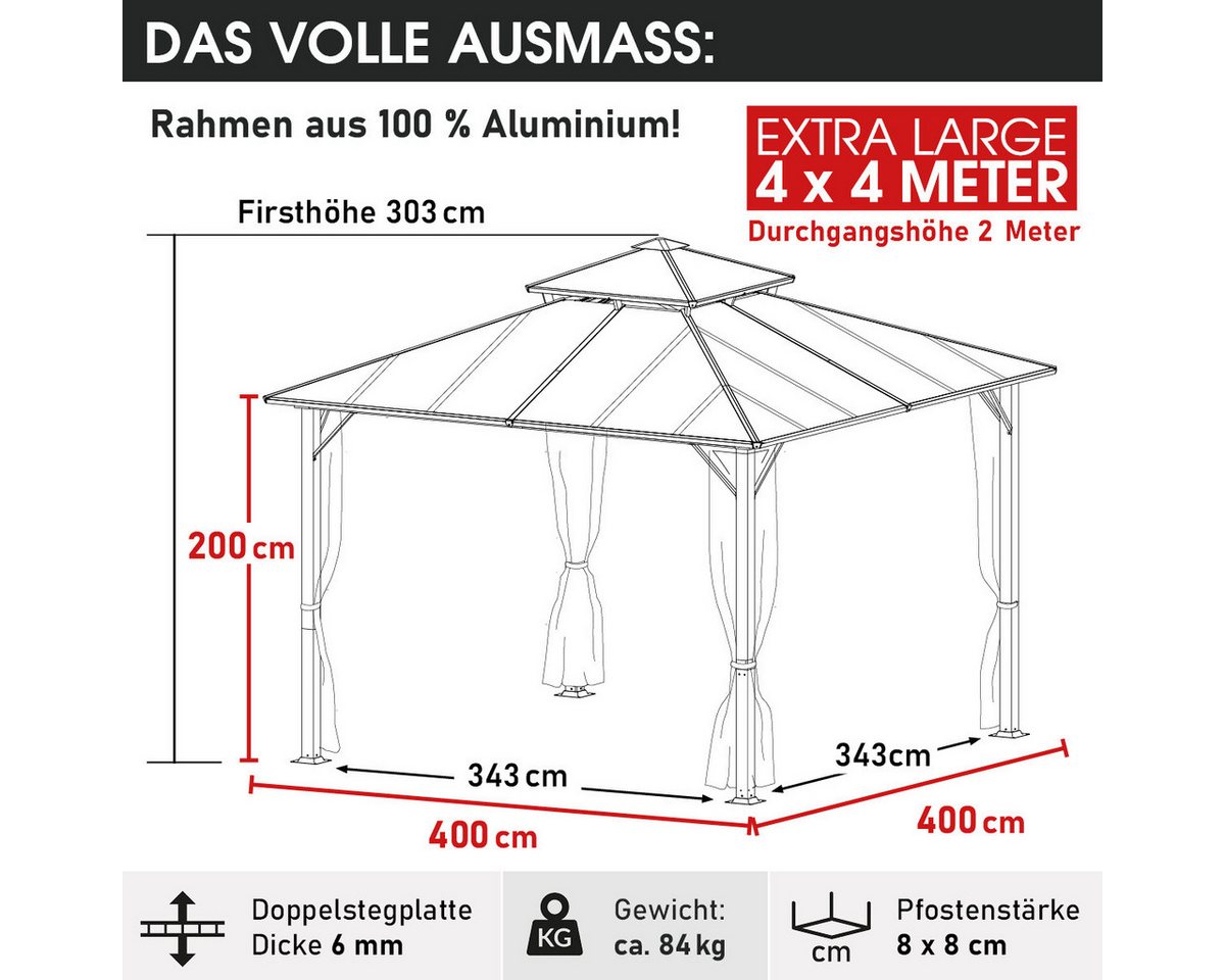 BRAST Pavillon Aluminium Pagode 4x4m inkl. Moskitonetz, festes Dach wasserdicht UV-Schutz Bild 3