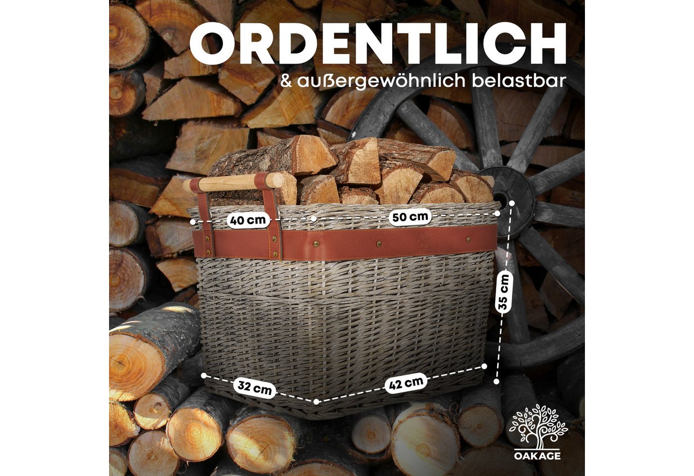 OAKAGE Kaminholzkorb Weidenkorb für Kaminholz Groß Feuerholzkorb Kaminkorb, schmutzabweisendes Innenfutter Bild 3