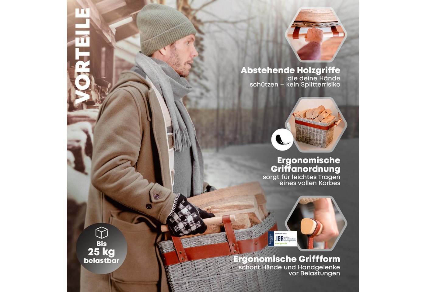 OAKAGE Kaminholzkorb Weidenkorb für Kaminholz Groß Feuerholzkorb Kaminkorb, schmutzabweisendes Innenfutter Bild 5