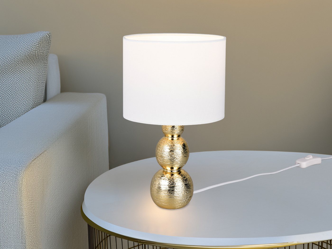 Reality Leuchten LED Nachttischlampe aus Keramik mit Stoffschirm Weiß H: 29cm, Dimmfunktion, LED wechselbar, warmweiß, Tischlampe Design-klassiker Lampenschirm Stoff & Lampenfuß Gold