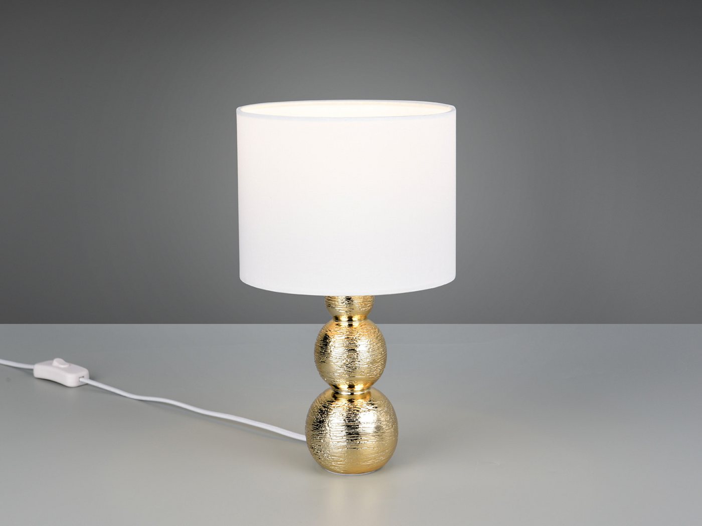 Reality Leuchten LED Nachttischlampe aus Keramik mit Stoffschirm Weiß H: 29cm, Dimmfunktion, LED wechselbar, warmweiß, Tischlampe Design-klassiker Lampenschirm Stoff & Lampenfuß Gold Bild 2