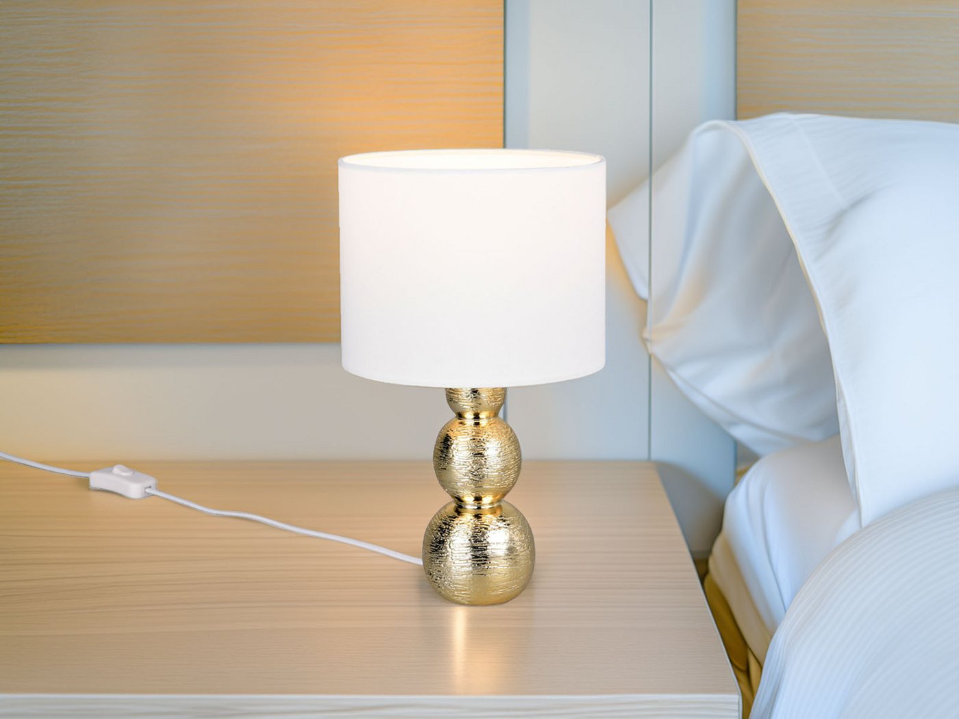Reality Leuchten LED Nachttischlampe aus Keramik mit Stoffschirm Weiß H: 29cm, Dimmfunktion, LED wechselbar, warmweiß, Tischlampe Design-klassiker Lampenschirm Stoff & Lampenfuß Gold Bild 4