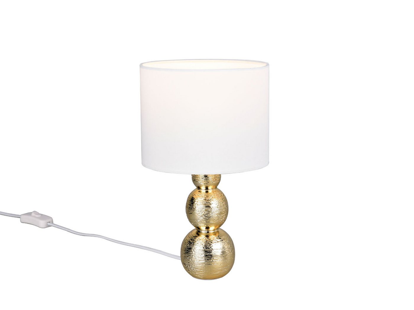 Reality Leuchten LED Nachttischlampe aus Keramik mit Stoffschirm Weiß H: 29cm, Dimmfunktion, LED wechselbar, warmweiß, Tischlampe Design-klassiker Lampenschirm Stoff & Lampenfuß Gold Bild 5