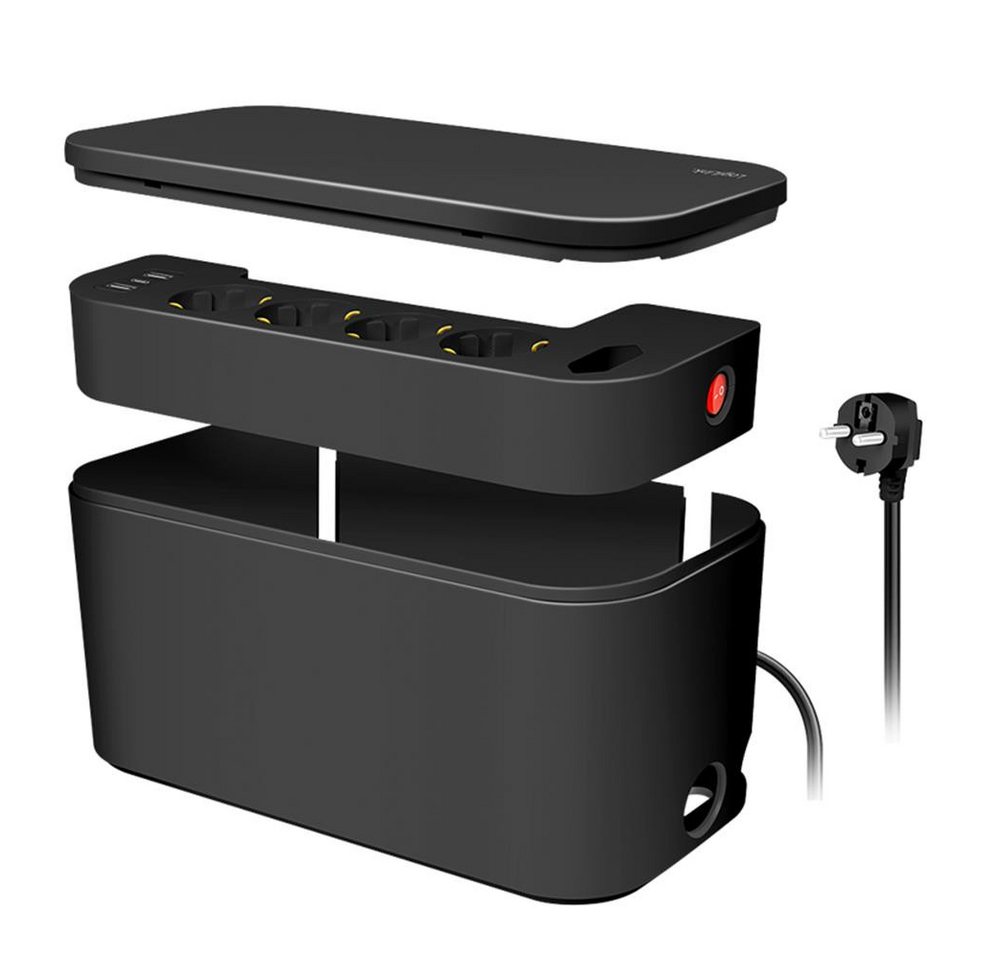 LogiLink Kabelbox LPS281U mit 5-fach-Steckdosenleiste, 3x USB, 285 x 145 x 13 mm, Kabelmanagement Box, Mehrfachsteckdose USB, 3600 W, Alltag, Schwarz